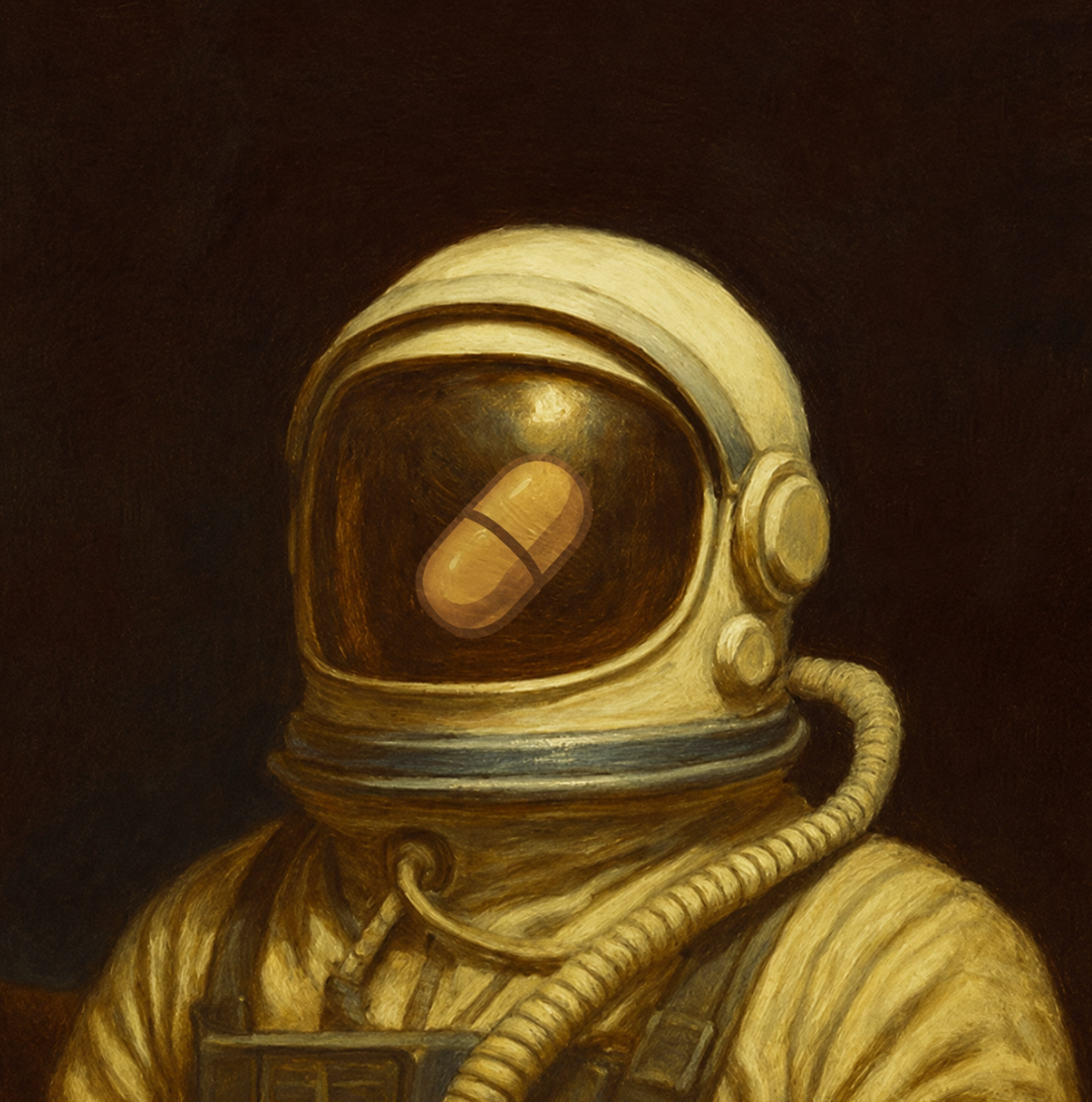 Painted gold astronaut with a capsule visible through the dark visor